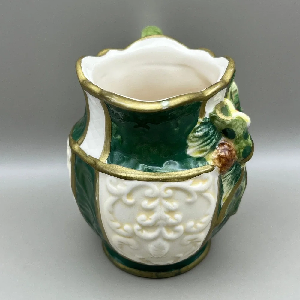 Cosmos Gifts Christmas‎ Holly Berry Pinecone Ceramic Pitcher Gold Trim 3.5
